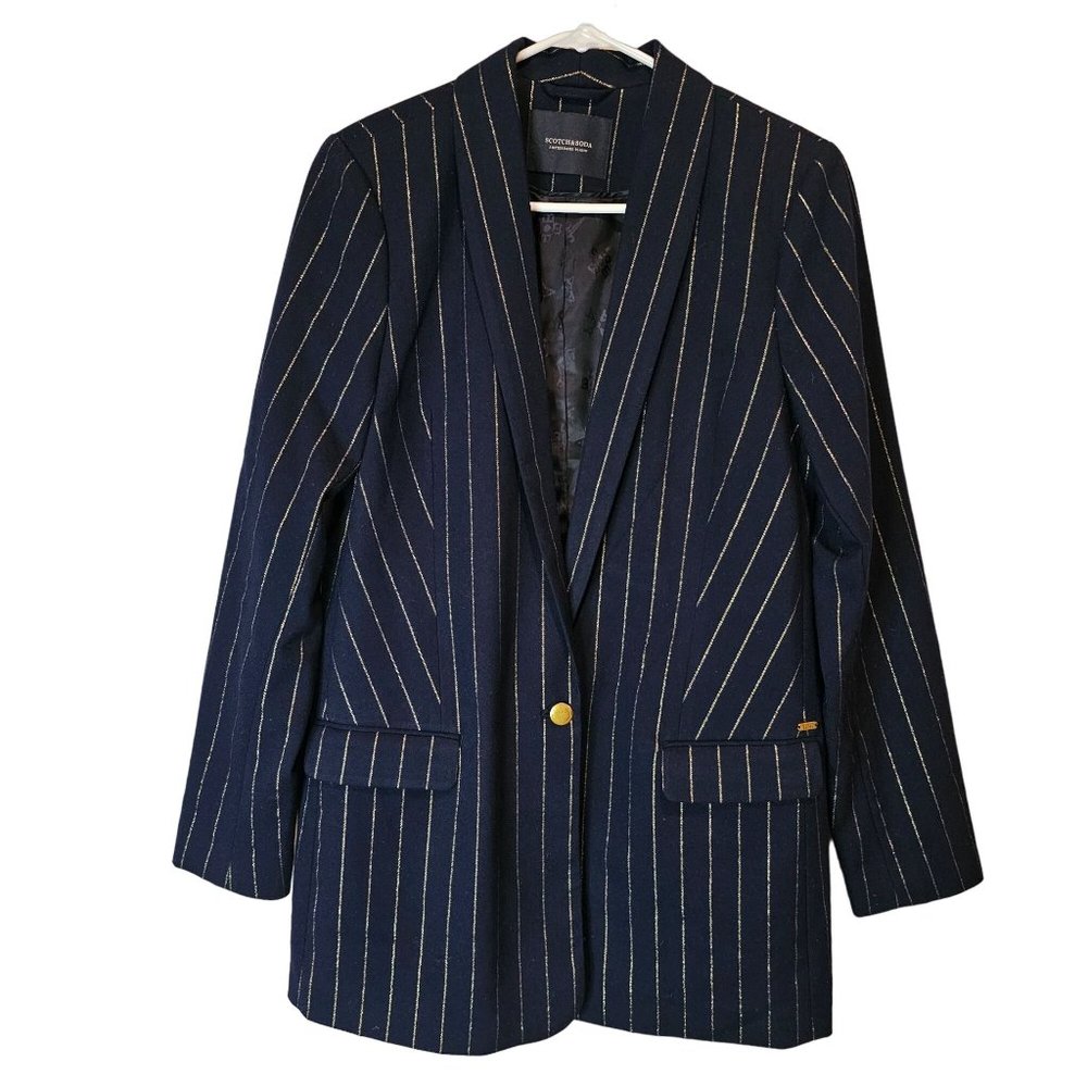 Scotch & Soda Women's Size Medium Shiny Pinstripe Blazer Jacket Blue Gold NEW